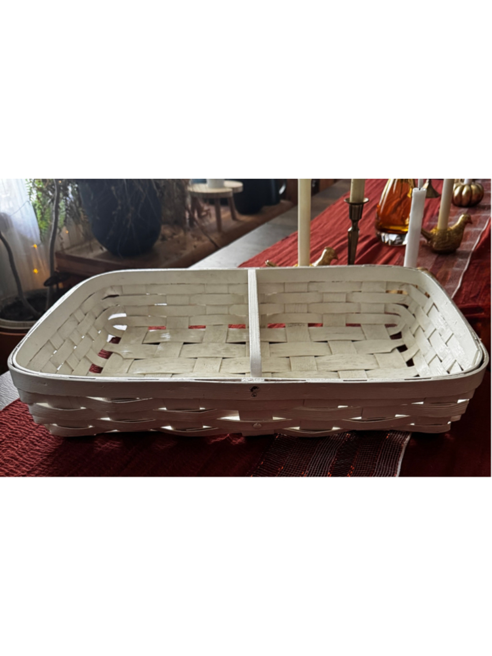 Vintage White Painted Woven Splint Basket | Large Rectangular Tray